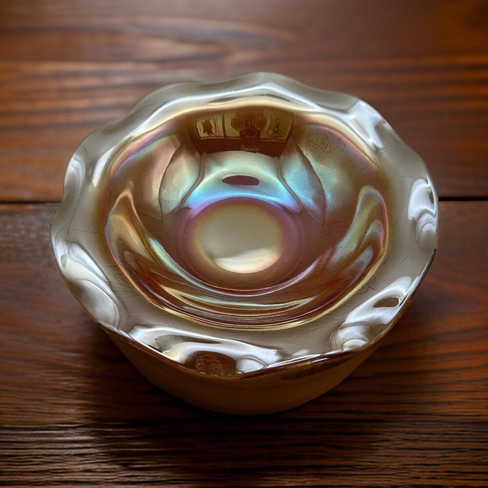 Jeanette Marigold Ruffle Edged Vintage Carnival Glass Bowl 9.5" Floral 1920s
